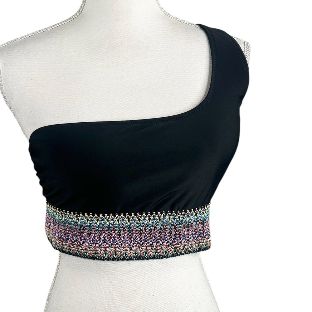 One-Shoulder Boho Black Swim Bikini Top with Multicolor‎ Hem Size Large